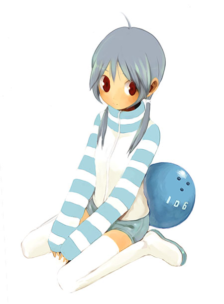 keisuke, ahoge, ball, boots, bowling ball, red eyes, solo, thigh boots, thighhighs, twintails, white boots