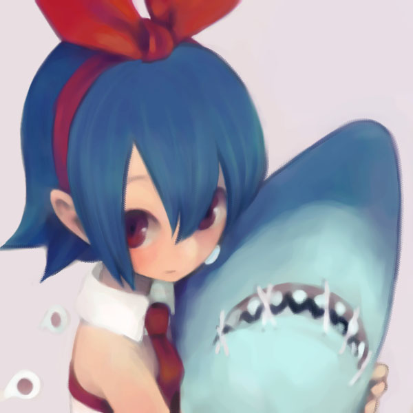 keisuke, pleinair, same-san, disgaea, nippon ichi, original, 1girl, blue hair, female focus, red eyes, ribbon, shark, solo, stuffed animal, stuffed toy