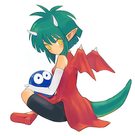 keisuke, draco centauros, puyo (puyopuyo), madou monogatari, puyopuyo, lowres, 1girl, elbow gloves, female focus, gloves, green hair, horns, solo, tail, white background, wings, yellow eyes