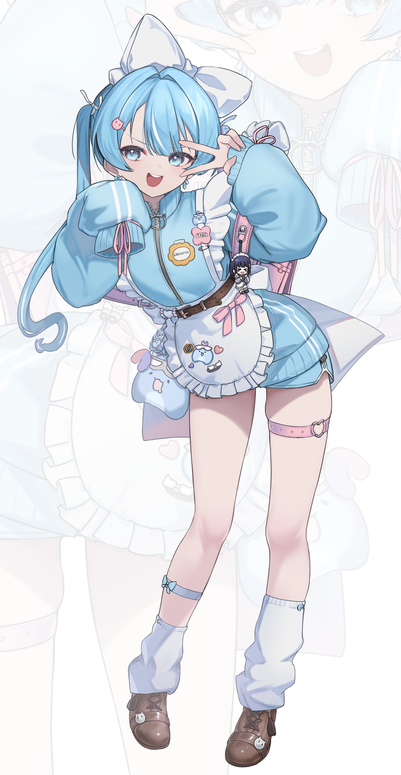 nanana narang, arahashi tabi, stellive, absurdres, highres, 1girl, apron, backpack, bag, blue hair, blue jacket, blue shorts, charm (object), frilled apron, frills, head out of frame, heart, heart o-ring, jacket, long hair, maid, o-ring, o-ring thigh strap, shorts, sleeves past fingers, sleeves past wrists, solo, thigh strap, track jacket, unconventional maid, white apron, white background, zoom layer