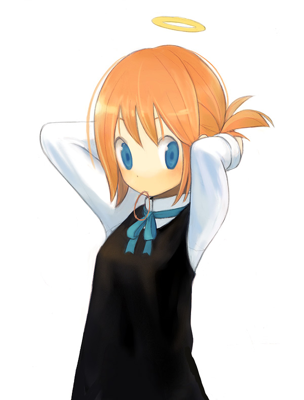 keisuke, tagme, 1girl, blue eyes, female focus, halo, mouth hold, solo, traditional halo