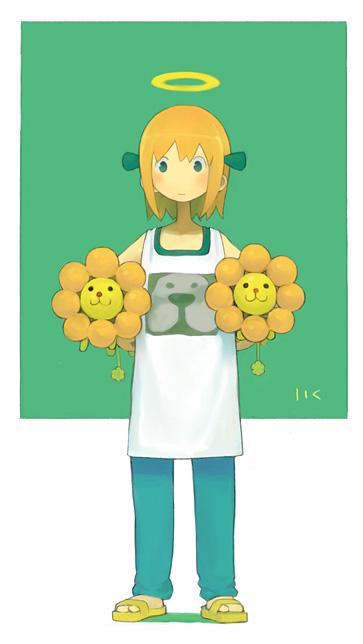 keisuke, pon de lion, mister donut, 1girl, female focus, halo, sandals, solo
