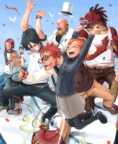 keisuke, original, black legwear, capsule, 3girls, 5boys, :d, ^ ^, animal, arm around waist, arms up, bald, beard, belt, bird, black hair, blonde hair, blue jacket, blue sky, blush, boat, brown pants, buckle, buttons, chain, cheering, claws, closed eyes, collarbone, confetti, creature, day, denim, denim jacket, dreadlocks, expressive clothes, facial hair, fangs, full body, glass, glasses, grey skirt, grin, hand on another's head, happy, hat, headpat, jacket, jeans, long sleeves, monster, monster boy, multiple boys, multiple girls, open mouth, orange hair, outdoors, pants, pantyhose, paw print, red hair, sandals, shirt, short hair, skirt, sky, sleeveless, smile, smiley face, spread legs, standing, surprised, sweatdrop, tank top, teeth, top hat, vest, watercraft, white skirt