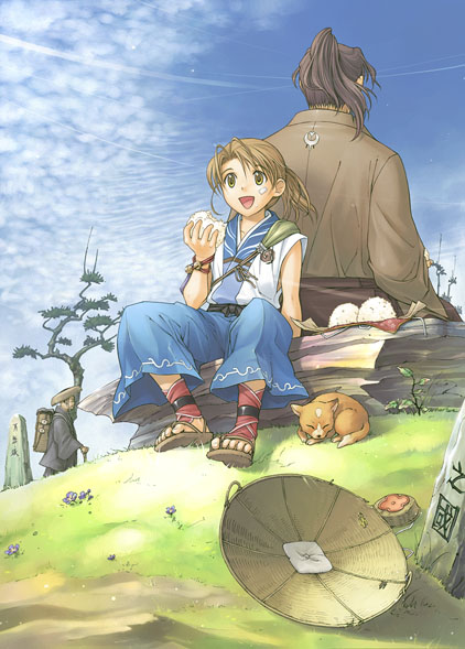 mitto, watanuki nao, original, 1girl, 2boys, :d, antenna hair, back-to-back, backpack, bag, brown eyes, brown hair, cane, cat, cloud, day, eating, feet, flower, food, grass, grey hair, hat, japanese clothes, multiple boys, nature, onigiri, open mouth, outdoors, ponytail, rock, sandals, sash, sitting, sky, sleeping, smile, straw hat, toes, tree, wristband