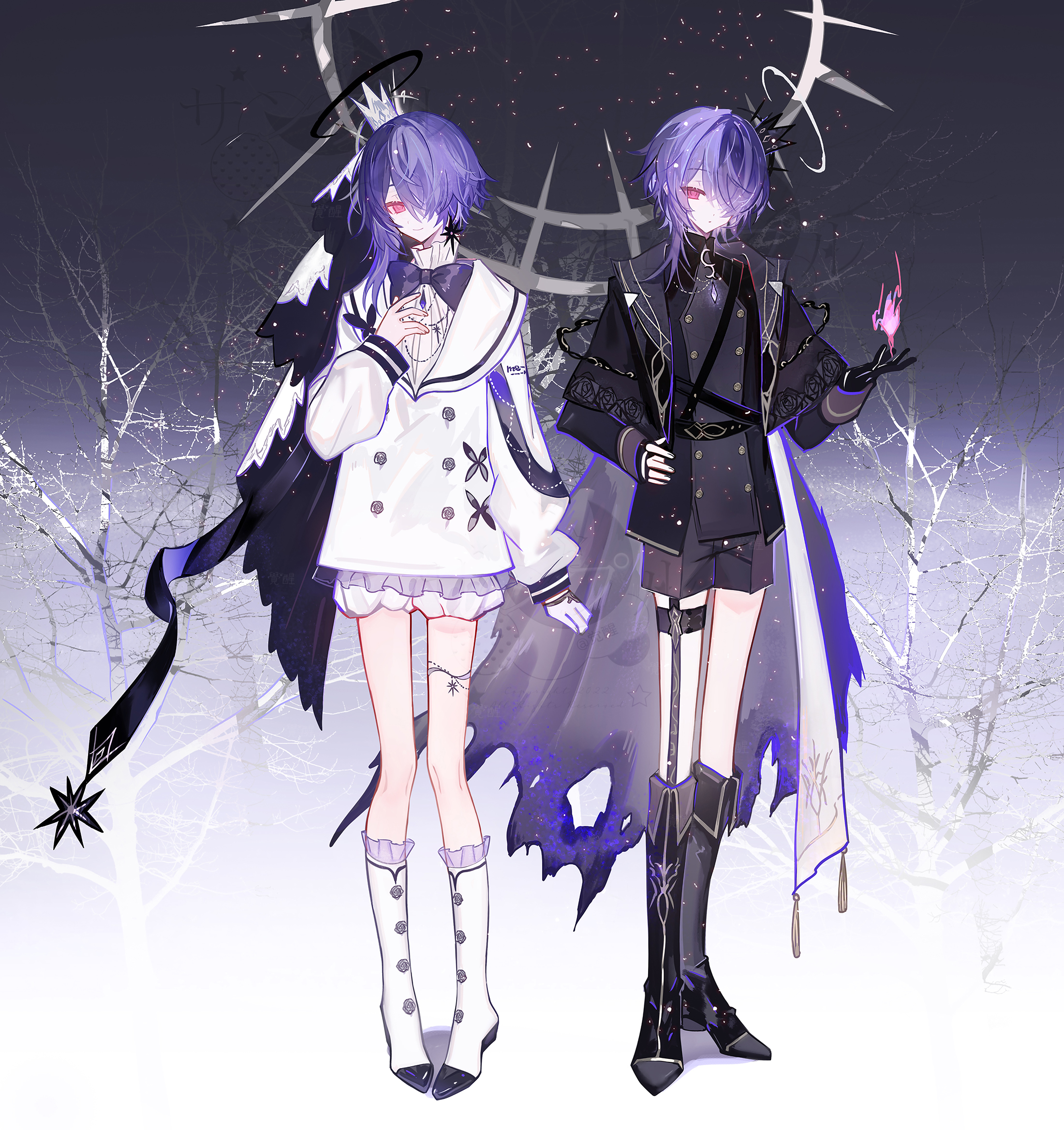 juexing (moemoe3345), original, commentary request, highres, 2boys, bishounen, black boots, black coat, black gloves, black jacket, black shorts, boots, bow, bowtie, coat, crown, fire, frown, gloves, gradient background, grey background, hair over one eye, halo, hand on own chest, hand on own hip, hand up, jacket, long sleeves, looking at viewer, male focus, mini crown, multiple boys, purple bow, purple bowtie, purple hair, red eyes, sailor collar, short hair, shorts, single glove, smile, thigh strap, tilted halo, torn clothes, torn coat, traditional halo, white background, white boots, white coat, white gloves, white sailor collar