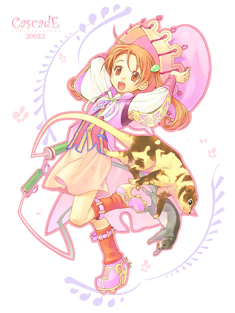mitto, watanuki nao, original, 1girl, :d, ahoge, animal, arms up, boots, buttons, child, female focus, flat chest, hair ornament, hat, high heels, leg up, long hair, open mouth, orange eyes, orange hair, ribbon, shirt, shoes, signature, skirt, smile, socks, solo, standing, standing on one leg, strap, striped clothes, striped shirt, twintails, vest