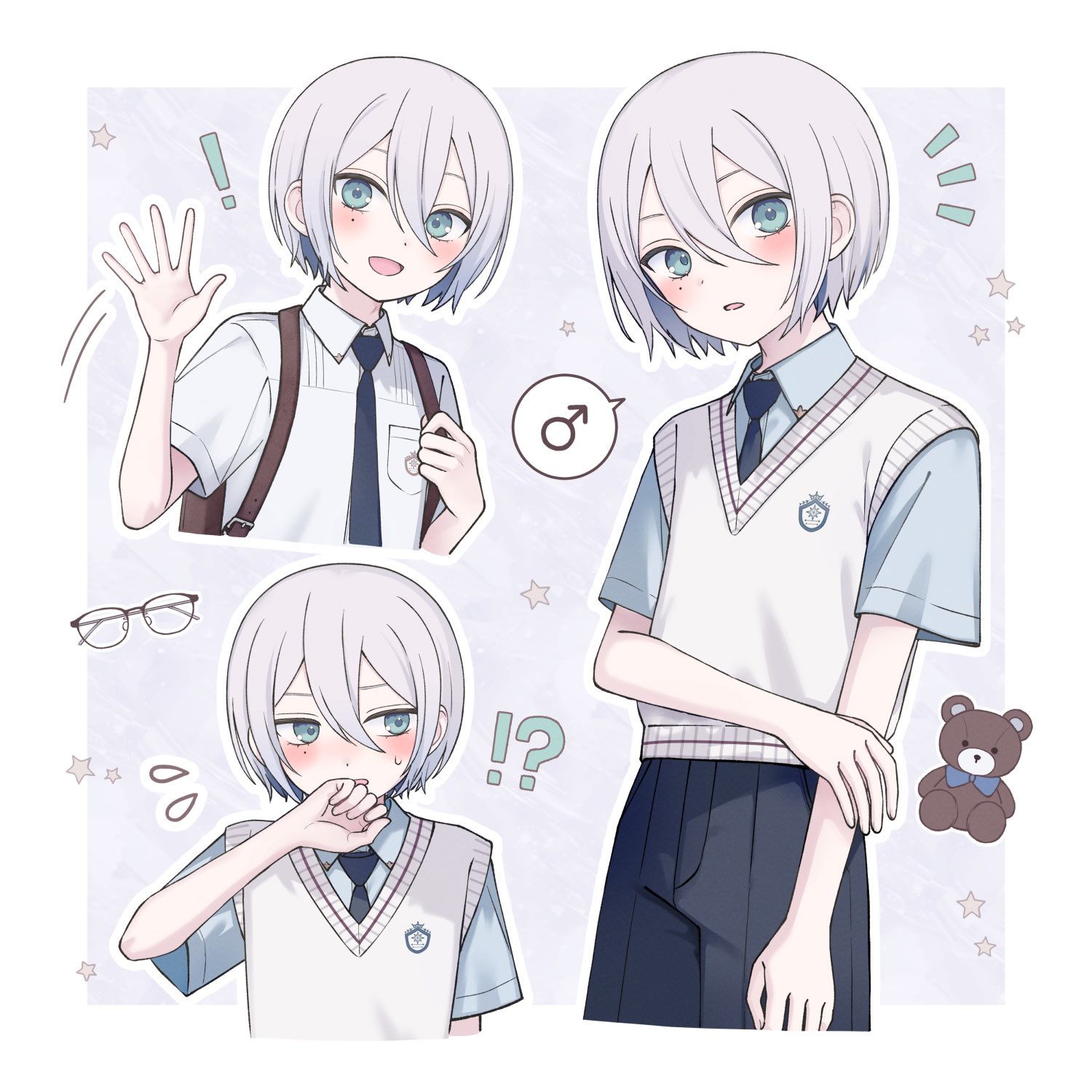 sionoe, original, highres, !, !?, 1boy, backpack, bag, black pants, blue eyes, blue necktie, blue shirt, blush, border, brown bag, collared shirt, double-parted bangs, glasses, grey hair, hair between eyes, looking at viewer, male focus, mars symbol, mole, mole under eye, multiple views, necktie, open mouth, pants, school uniform, shirt, short hair, short sleeves, smile, solo, star (symbol), stuffed animal, stuffed toy, sweater vest, teddy bear, trap, waving, white border, white hair, white shirt