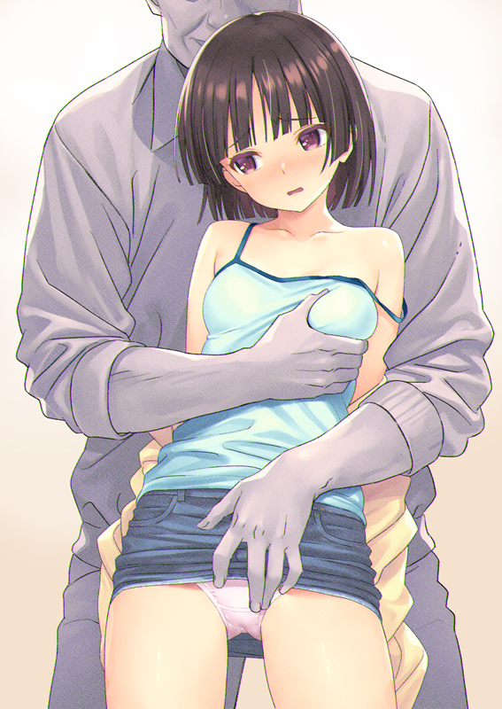 koutaro, original, commentary request, 1boy, 1girl, black hair, blush, breasts, camisole, grabbing another's breast, groping, hetero, medium breasts, miniskirt, panties, purple eyes, short hair, skirt, underwear, white panties