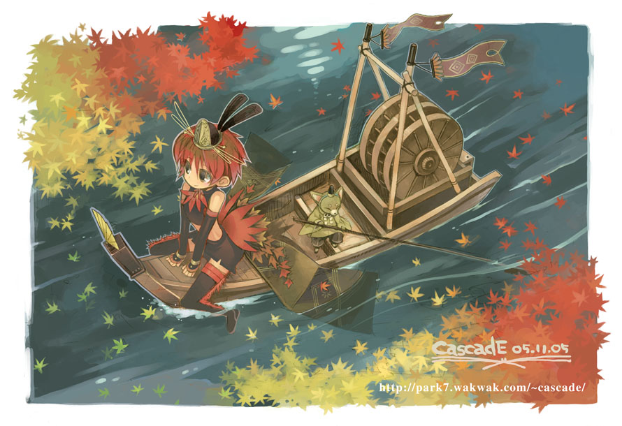 mitto, watanuki nao, 1girl, autumn, boat, brown eyes, closed eyes, crop top, detached sleeves, female focus, flag, flat chest, fox, from above, hat, japanese clothes, leaf, midriff, miniskirt, oar, outdoors, red hair, rowboat, short hair, sitting, skirt, smile, solo, straddling, thighhighs, water, watercraft, zettai ryouiki