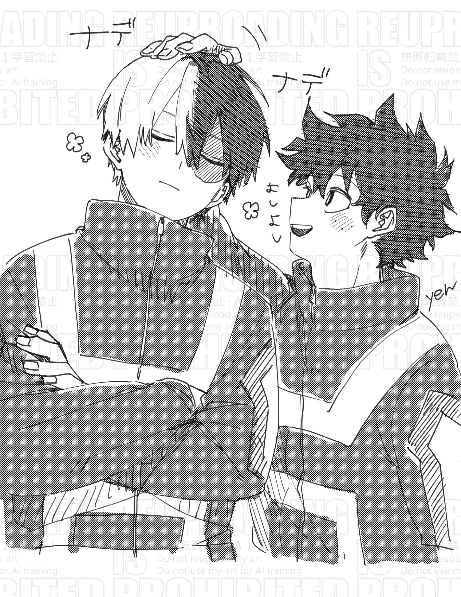 midoriya izuku, todoroki shoto, boku no hero academia, blush, freckles, scar, size difference, smile, sportswear, tododeku, yaoi, yeh1012