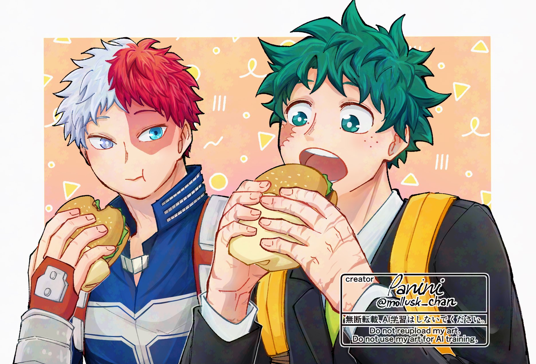 midoriya izuku, todoroki shoto, boku no hero academia, aged up, backpack, bag, burger, eating, freckles, mollusk chan, scar, superhero costume, teacher, tododeku, yaoi