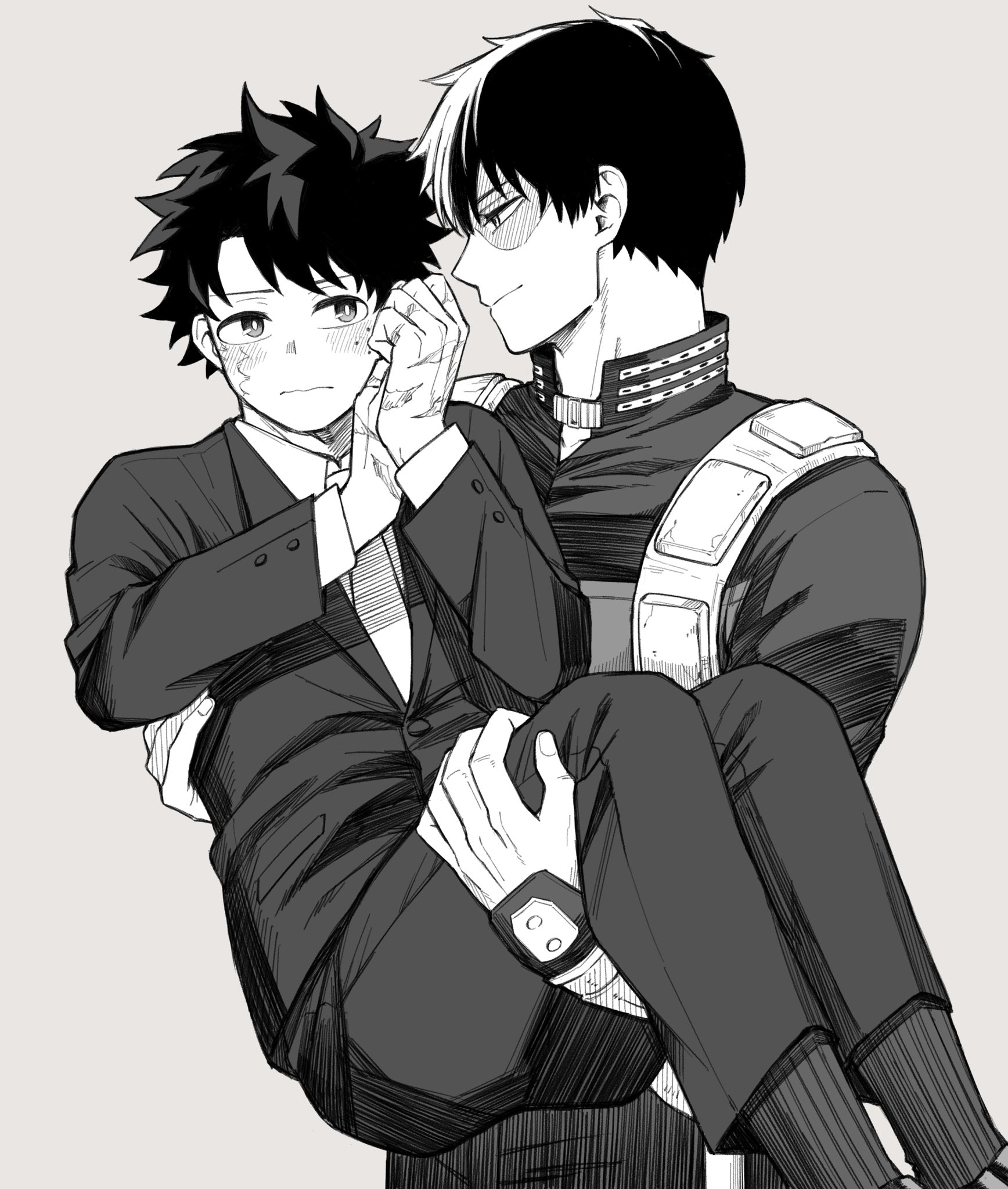 midoriya izuku, todoroki shoto, boku no hero academia, aged up, blush, carrying, carrying person, embarrassed, freckles, scar, superhero costume, teacher, tododeku, touka71600, yaoi