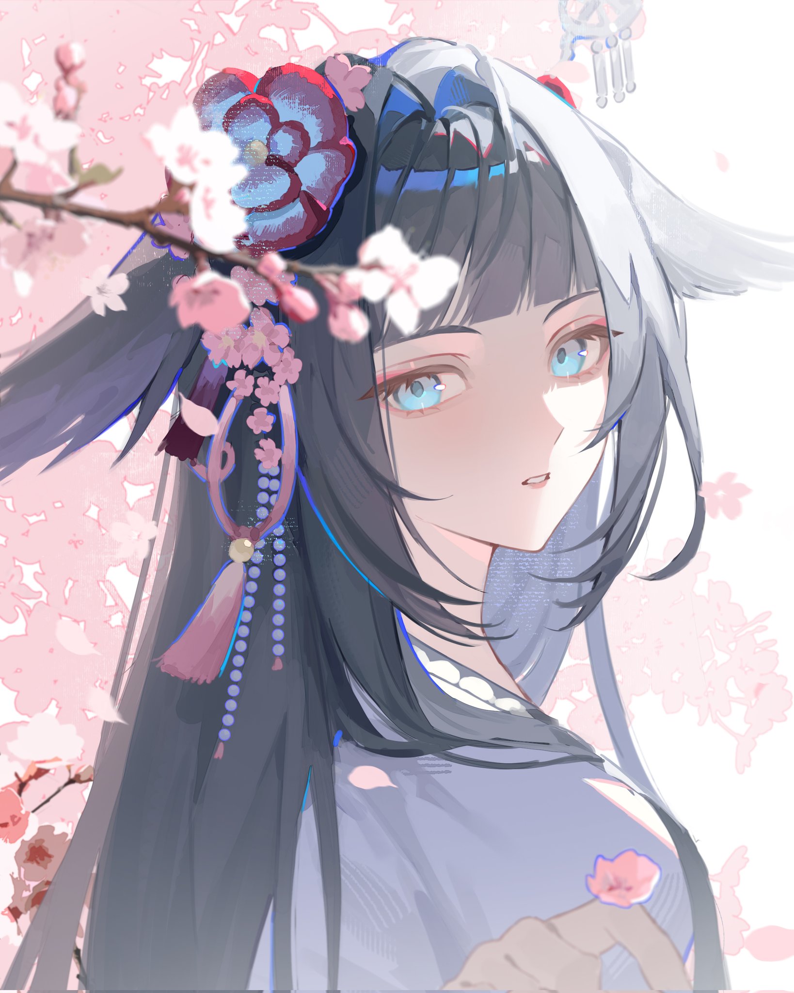 mio (arknights), arknights, corrupted twitter file, hashtag-only commentary, highres, 1girl, black hair, blue eyes, blunt bangs, bohe nai lu, branch, cherry blossoms, flower, hair flower, hair intakes, hair ornament, hand up, long hair, looking at viewer, parted lips, petals, pink flower, portrait, red flower, solo, tassel, tassel hair ornament
