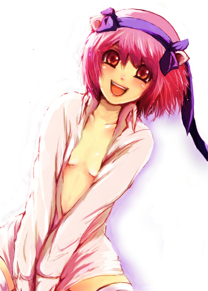 rirurario, nana (elfen lied), elfen lied, bad id, bad pixiv id, 00s, 1girl, blush, breasts, female focus, flat chest, hairband, happy, horns, no bra, open clothes, open shirt, pink hair, red eyes, red hair, ribbon, shirt, short hair, small breasts, smile, solo, thighhighs, zettai ryouiki