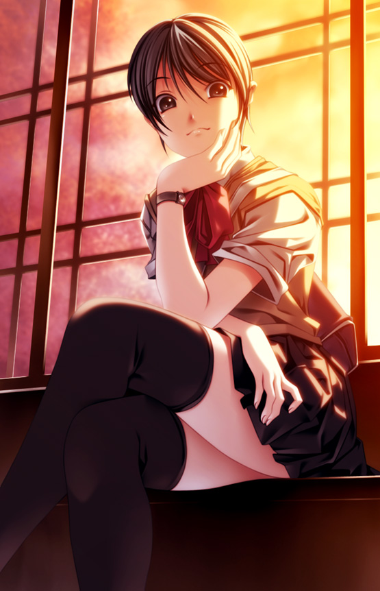 rezi, original, bad id, bad pixiv id, 1girl, black thighhighs, brown hair, crossed legs, female focus, head rest, school uniform, serafuku, short hair, sitting, smile, solo, sunset, thighhighs, watch, wristwatch