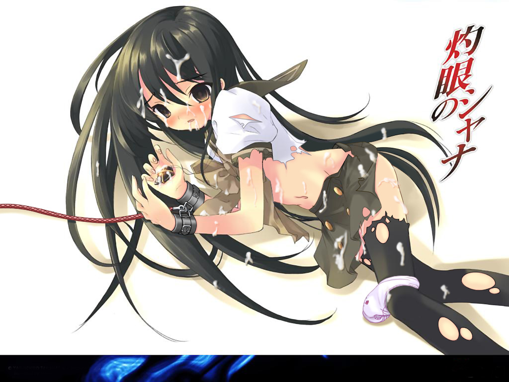 shana, shakugan no shana, artist request, 00s, 1girl, bdsm, black hair, bondage, bound, bukkake, cuffs, cum, female focus, loli, long hair, solo, thighhighs, torn clothes, torn thighhighs
