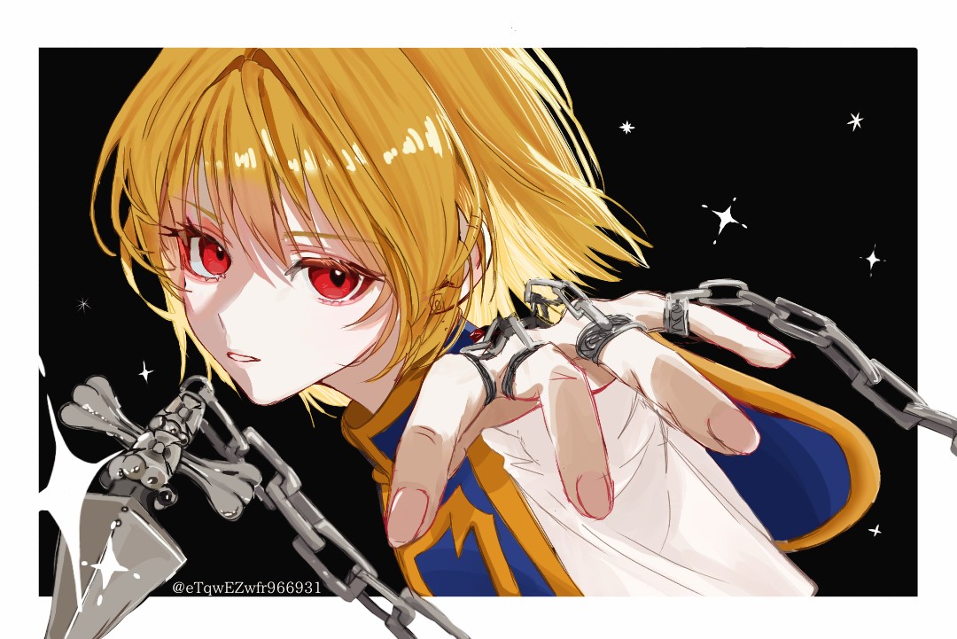 kurapika, hunter x hunter, 1boy, black background, blonde hair, blue tabard, border, closed mouth, etqwezwfr966931, fingernails, hand chains, looking at viewer, male focus, outside border, red eyes, short hair, simple background, solo, tabard, twitter username, upper body, white border