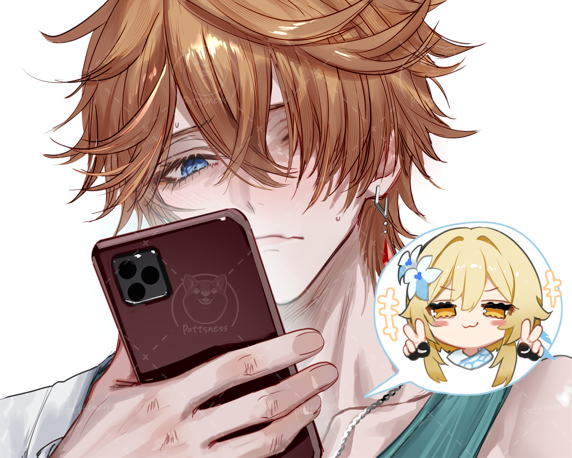 pottsness, lumine (genshin impact), tartaglia (genshin impact), genshin impact, highres, 1boy, 1girl, blonde hair, blue eyes, cellphone, closed mouth, double v, earrings, flower, hair between eyes, hair flower, hair ornament, hair over one eye, holding, holding phone, jewelry, male focus, necklace, orange hair, phone, short hair, single earring, smartphone, v, yellow eyes