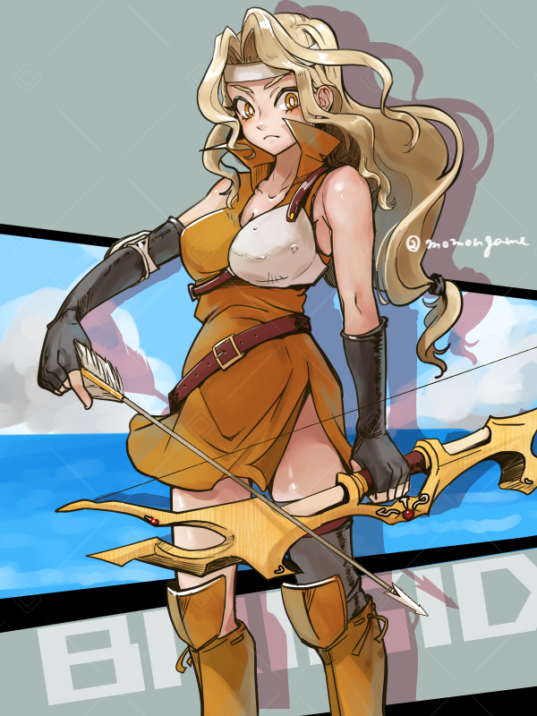 momongame 17, brigid (fire emblem), fire emblem, fire emblem: genealogy of the holy war, nintendo, commentary request, 1girl, bare shoulders, belt, belt buckle, black gloves, blonde hair, bow (weapon), brown belt, buckle, character name, closed mouth, dress, fingerless gloves, floating hair, gloves, headband, holding, holding bow (weapon), holding weapon, looking at viewer, ocean, orange dress, sleeveless, sleeveless dress, solo, twitter username, water, weapon, white headband, yellow eyes