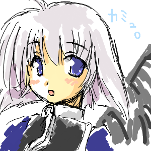 camyu, utawarerumono, silver hair, lowres, 00s, 1girl, black wings, blue eyes, female focus, simple background, solo, wings