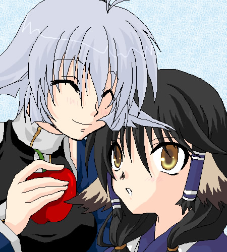 aruruu, camyu, utawarerumono, lowres, 00s, 2girls, apple, food, fruit, multiple girls