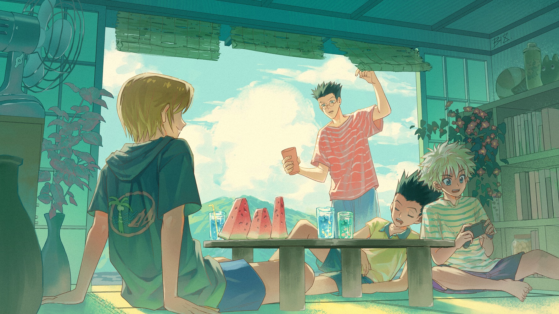 bei 18, gon freecss, killua zoldyck, kurapika, leorio paladiknight, hunter x hunter, highres, 4boys, alternate costume, arm rest, back, black hair, blue eyes, blue pants, blue shorts, blue sky, bookshelf, closed eyes, cloud, cloudy sky, collared shirt, cup, day, drooling, electric fan, fingernails, food, fruit, glasses, green shirt, green shorts, holding, holding cup, male focus, mountain, mouth drool, multiple boys, no shoes, on floor, open mouth, pants, purple shorts, red shirt, round eyewear, shirt, short hair, short sleeves, shorts, sitting, sky, sleeping, sleeping on person, smile, standing, striped clothes, striped shirt, table, toes, watermelon, watermelon slice, white hair