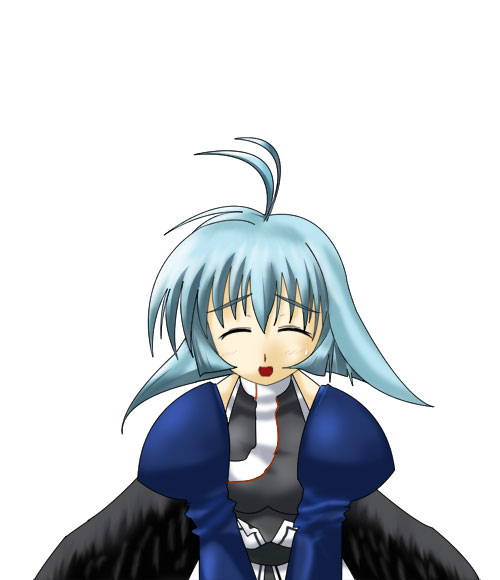 fermelle, camyu, utawarerumono, silver hair, bad id, bad pixiv id, 00s, 1girl, ahoge, black wings, blue hair, female focus, solo, wings
