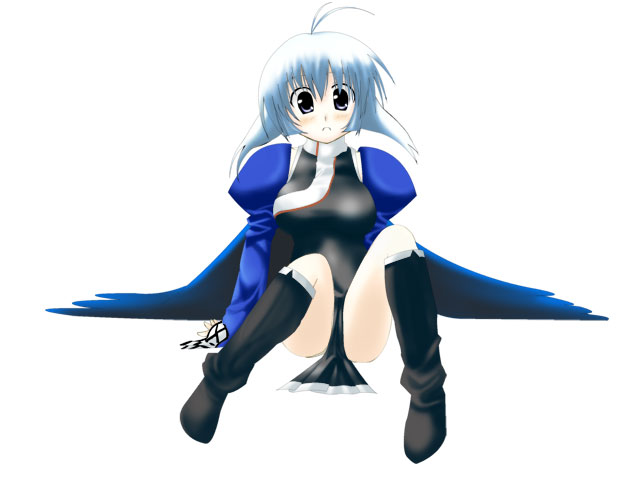 fermelle, camyu, utawarerumono, silver hair, bad id, bad pixiv id, 00s, 1girl, antenna hair, black wings, blue eyes, blush, boots, detached sleeves, female focus, looking at viewer, parted lips, short hair, simple background, sitting, solo, white background, wings