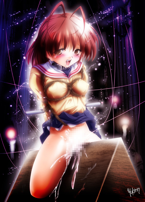 yukirin, furukawa nagisa, clannad, 00s, 1girl, bdsm, bondage, bound, breast bondage, breasts, clothes lift, crotch rub, female focus, pussy juice, rope, skirt, skirt lift, solo, tears, wooden horse