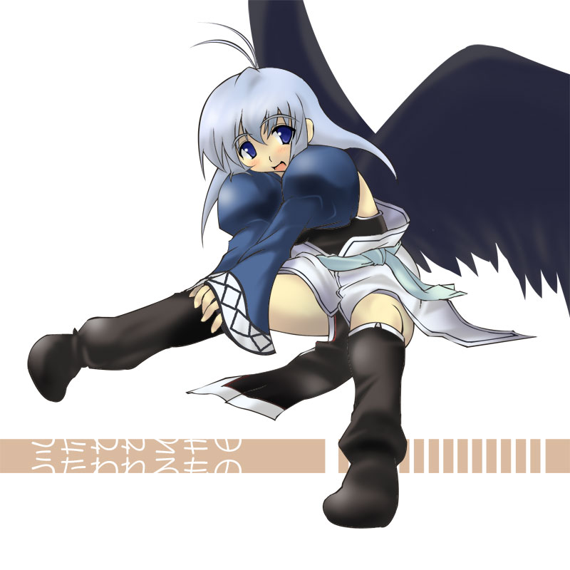 fermelle, camyu, utawarerumono, bad id, bad pixiv id, 00s, 1girl, black wings, blue eyes, blue hair, blush, female focus, matching hair/eyes, simple background, smile, solo, wings