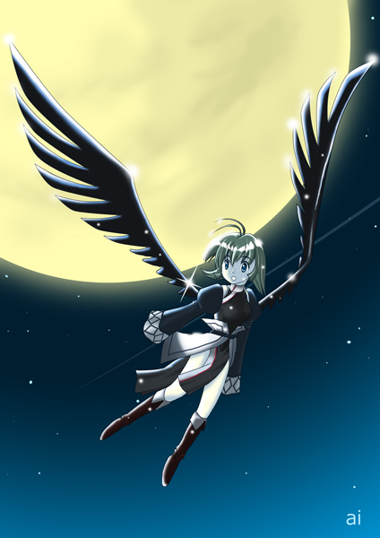 aiuchi akio, camyu, utawarerumono, bad id, bad pixiv id, 00s, 1girl, black wings, blue eyes, female focus, green hair, moon, night, sky, solo, wings