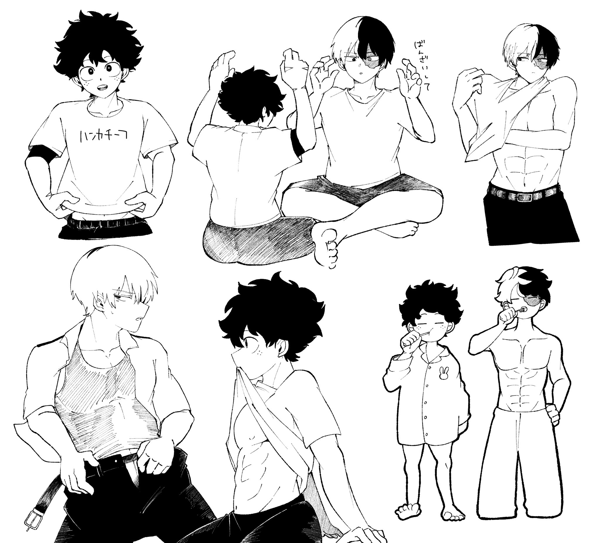 midoriya izuku, todoroki shoto, boku no hero academia, abs, barefoot, brushing teeth, curly hair, freckles, legs, multicolored hair, nepipipian, no pants, no shirt, pajamas, pants, pectorals, scar, shirt, shorts, sitting, smile, tododeku, two-tone hair, undressing, yaoi
