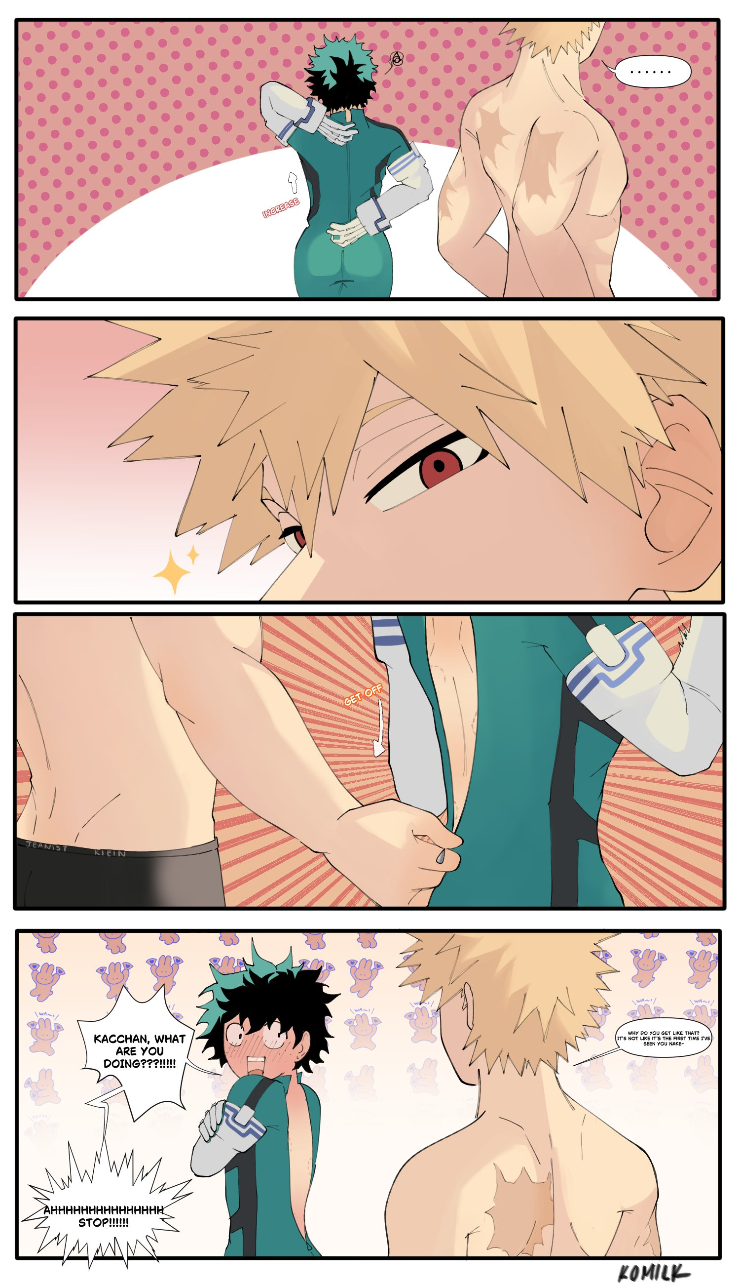 bakugou katsuki, midoriya izuku, boku no hero academia, 4koma, komilk, abs, bakudeku, bare back, bite mark, blonde hair, blush, comic, curvy, dressing, embarrassed, freckles, green eyes, green hair, no shirt, pectorals, red eyes, scar, yaoi