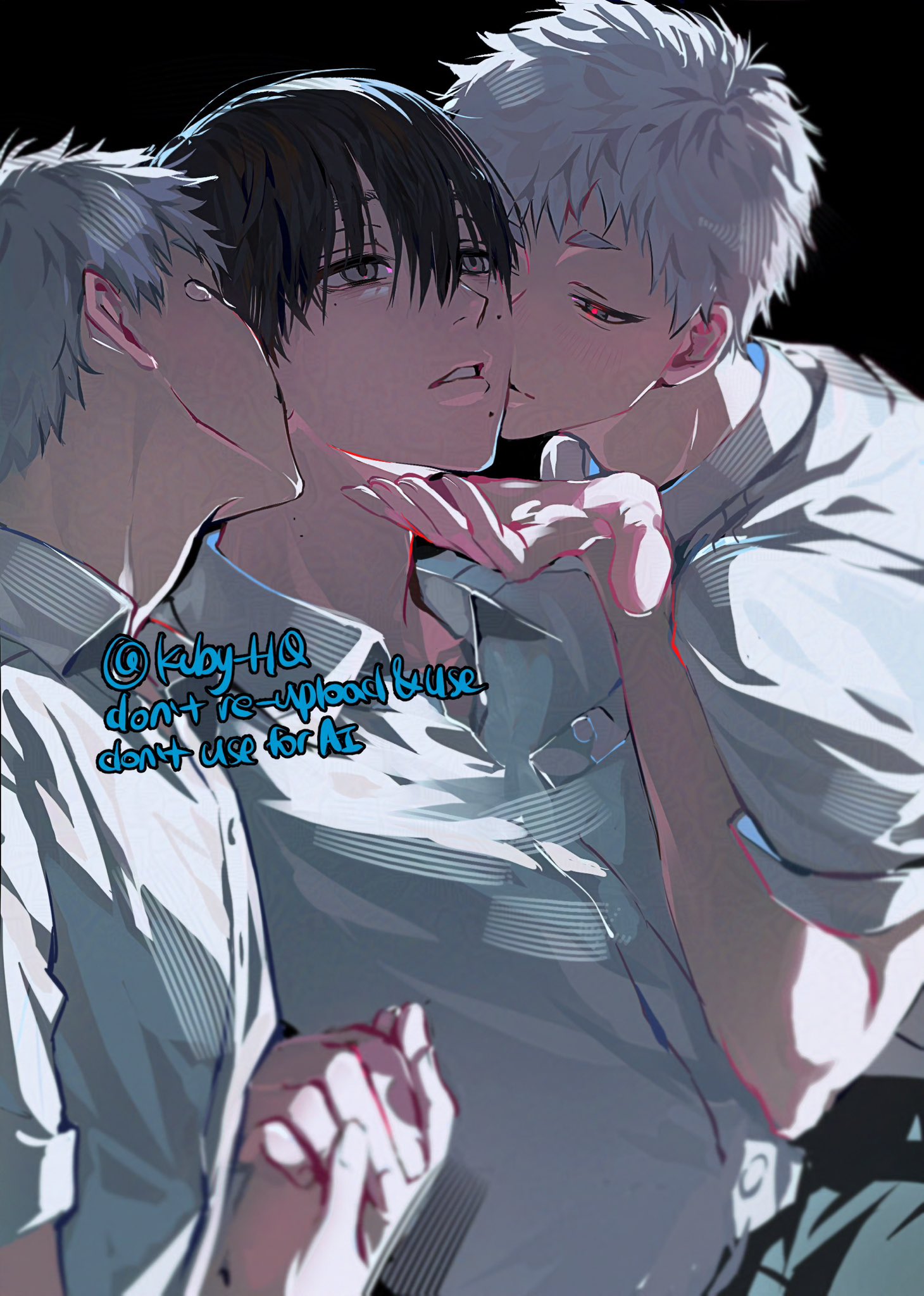kuby hq, indou hikaru, tsujinaka yoshiki, hikaru ga shinda natsu, highres, 3boys, black background, black hair, buttons, collared shirt, hair between eyes, holding hands, male focus, mole, mole on cheek, mole on neck, mole under mouth, multiple boys, multiple moles, pocket, red pupils, shirt, short hair, simple background, tears, teeth, twitter username, upper body, white hair, white shirt