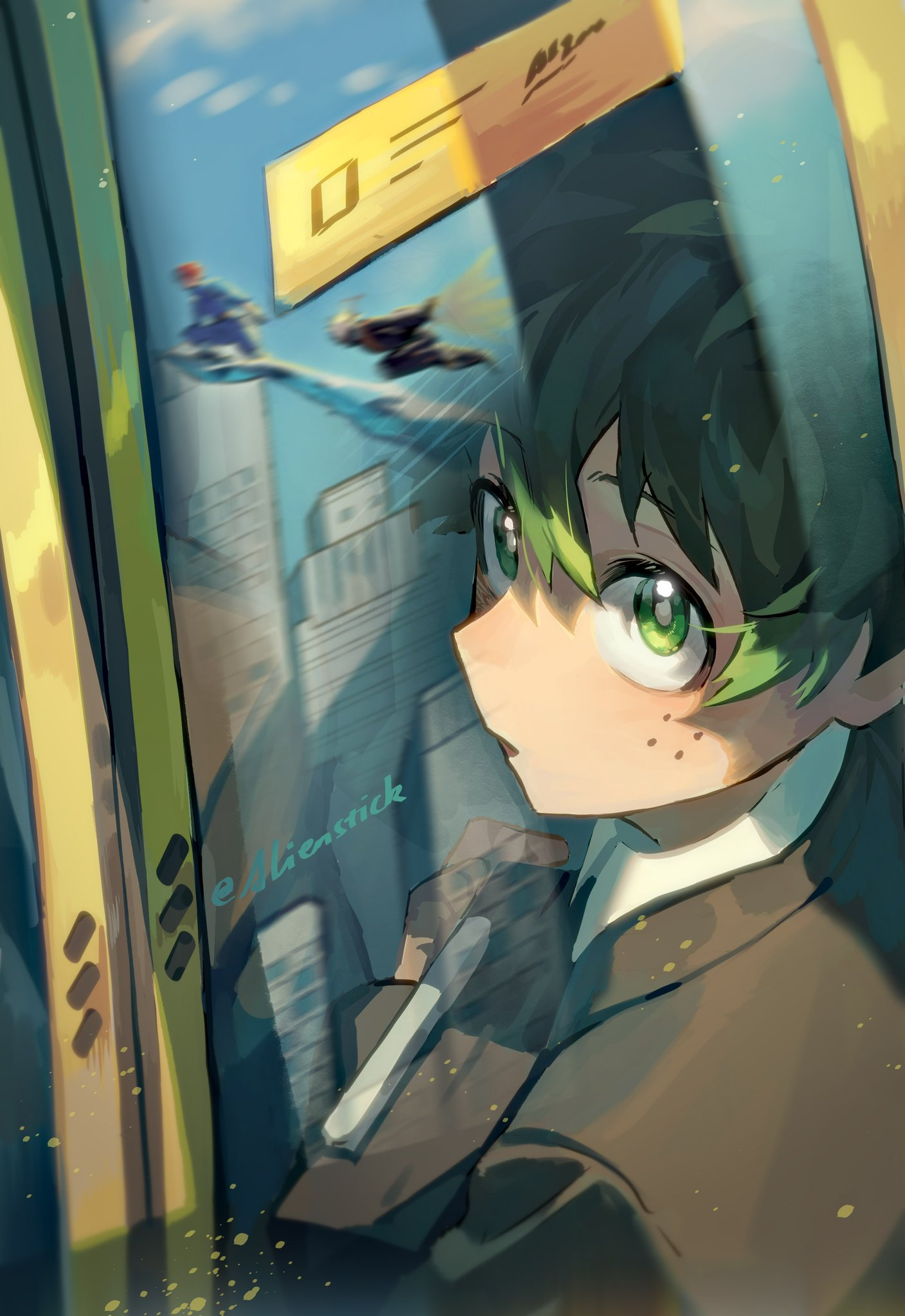 midoriya izuku, todoroki shoto, boku no hero academia, aged up, alien stick, blonde hair, bus, explosion, formal clothes, freckles, green eyes, green hair, ice, looking up, motor vehicle, red hair, scar, suit, superhero costume, teacher, white hair, window