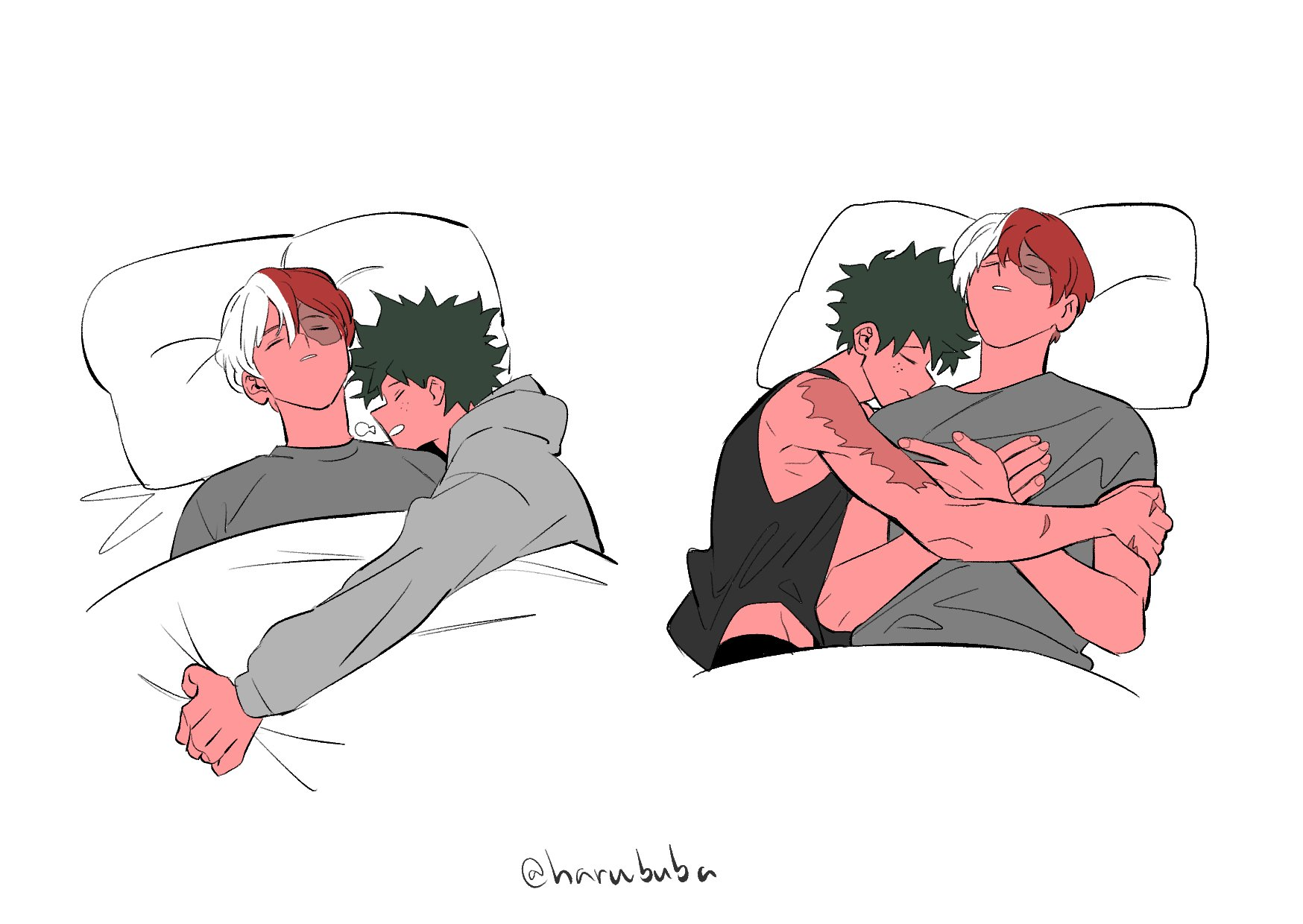 harububa, midoriya izuku, todoroki shoto, boku no hero academia, 2boys, bed, blanket, multiple boys, on bed, sleeping, summer, tododeku, winter, yaoi