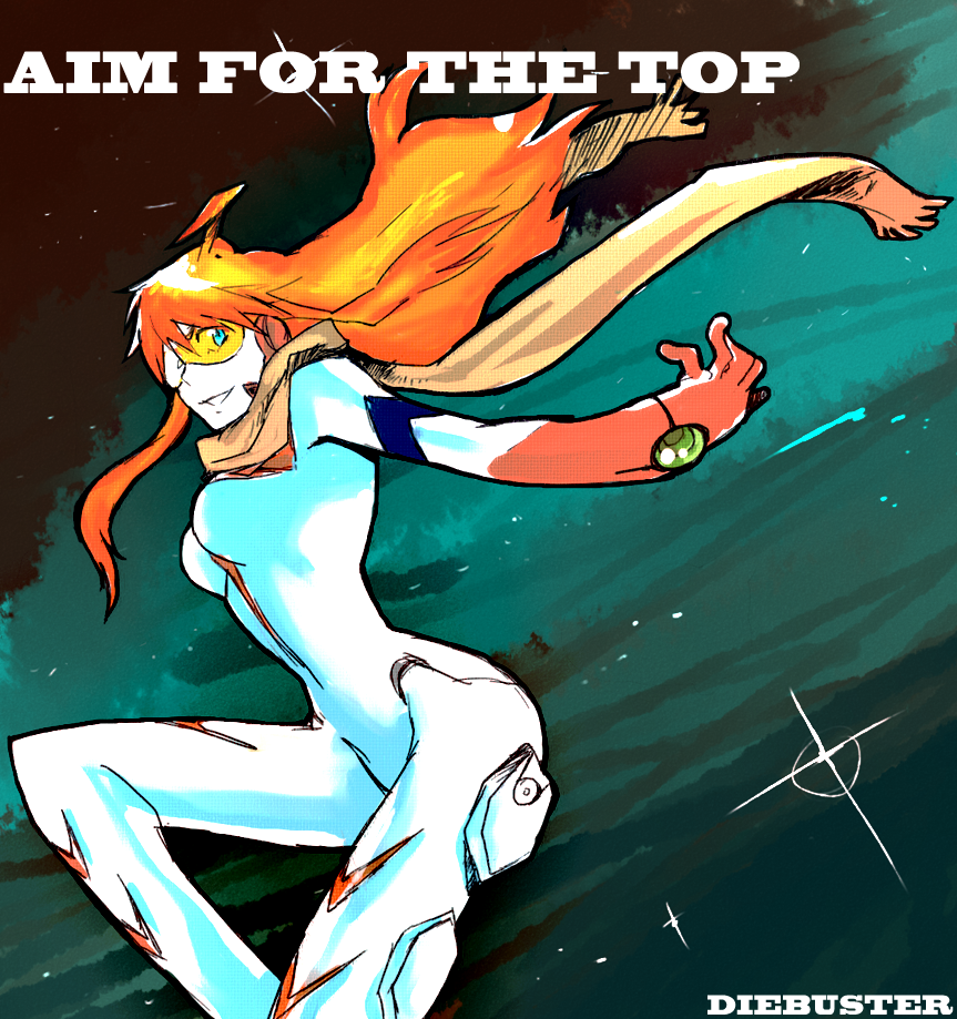 tehryu, buster machine 7, nono (top wo nerae 2!), top wo nerae! (series), top wo nerae 2!, 00s, 1girl, ahoge, blue eyes, bodysuit, breasts, copyright name, female focus, long hair, orange hair, scarf, smile, solo