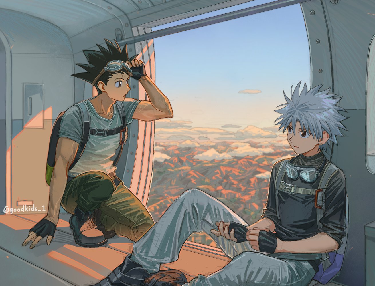 goodkids 1, gon freecss, killua zoldyck, hunter x hunter, 2boys, alternate costume, black gloves, black hair, black shirt, cloud, collarbone, fingerless gloves, gloves, goggles, goggles around neck, goggles on head, green pants, looking at another, male focus, multiple boys, pants, parachute, shirt, short hair, skydive, twitter username, white hair, white pants, white shirt
