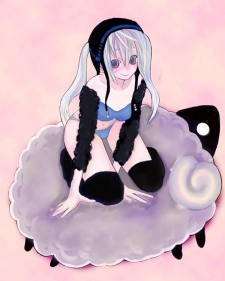 saibashi, 1girl, blush, bra, female focus, lingerie, long hair, panties, purple eyes, sheep, smile, solo, thighhighs, underwear, underwear only, white hair