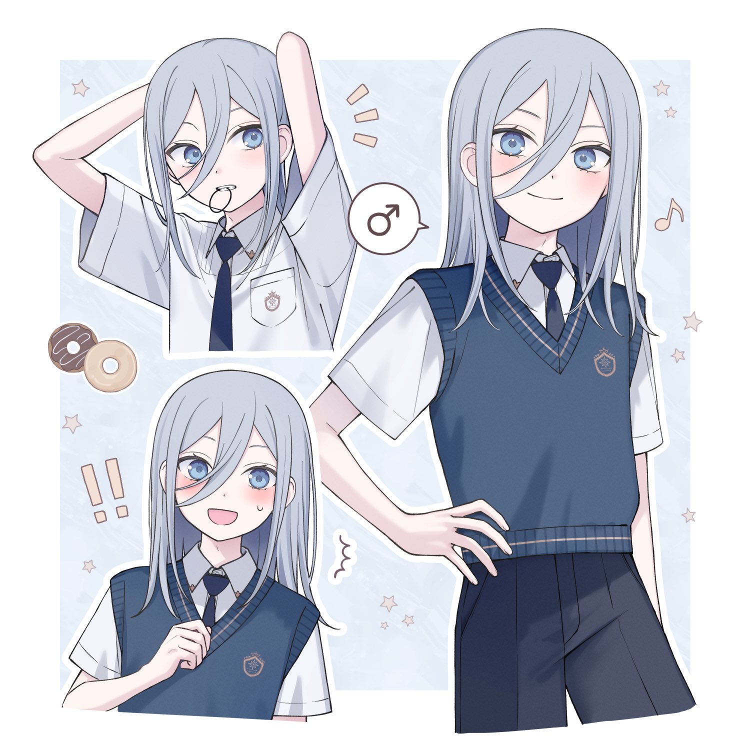 sionoe, original, highres, 1boy, black pants, blue eyes, blue necktie, blue sweater vest, blush, border, closed mouth, collared shirt, donut, food, hair between eyes, hair tie in mouth, hand on own hip, long hair, looking at viewer, male focus, mouth hold, multiple views, musical note, necktie, pants, shirt, short sleeves, smile, sweater vest, tying hair, white border, white shirt