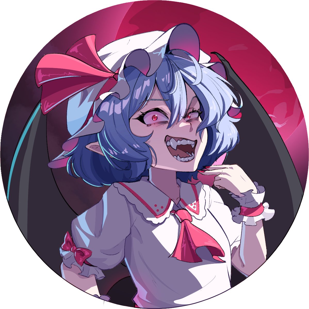 kanashikeki, remilia scarlet, touhou, 1girl, ascot, bat wings, blue hair, fangs, glowing, glowing eyes, hat, hat ribbon, mob cap, moon, open mouth, pointing, pointing at self, pointy ears, raised eyebrow, red ascot, red eyes, red moon, ribbon, smile, solo, wings, wrist cuffs