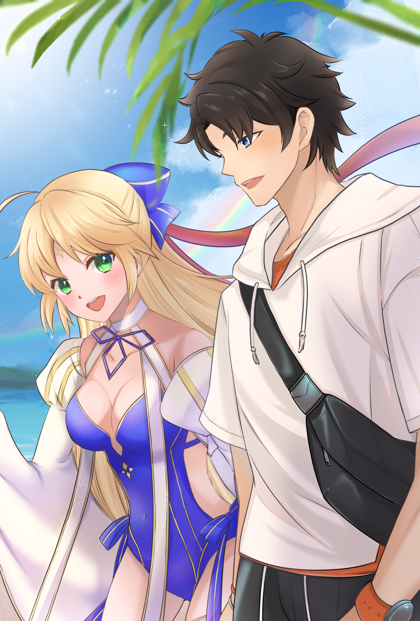 kasakasako, artoria caster (fate), artoria caster (swimsuit berserker) (third ascension) (fate), artoria pendragon (fate), fujimaru ritsuka (male), fujimaru ritsuka (male) (summer street), fate/grand order, fate (series), commentary request, commission, highres, skeb commission, 1boy, 1girl, black hair, blonde hair, blue eyes, blue one-piece swimsuit, breasts, cleavage, cloud, floating hair, green eyes, hood, hood down, hoodie, long hair, looking at another, male focus, medium breasts, official alternate costume, one-piece swimsuit, short hair, swimsuit, very long hair, white hoodie