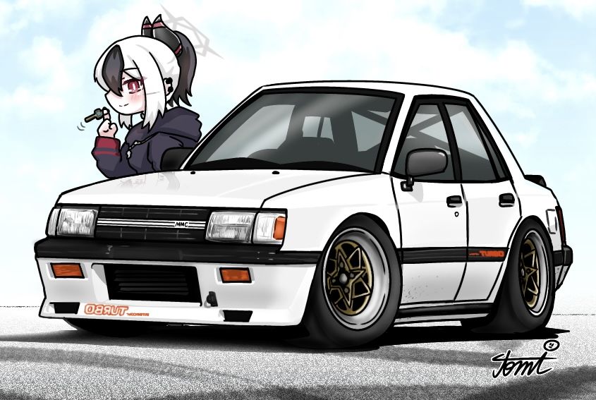 tomimon, kayoko (blue archive), blue archive, mitsubishi motors, commentary request, vehicle request, 1girl, black hair, black hoodie, blue sky, blush, car, closed mouth, cloud, day, hair between eyes, halo, hand up, hood, hood down, hoodie, horns, key, motion lines, motor vehicle, multicolored hair, outdoors, profile, red eyes, signature, sky, smile, solo, two-tone hair, white hair