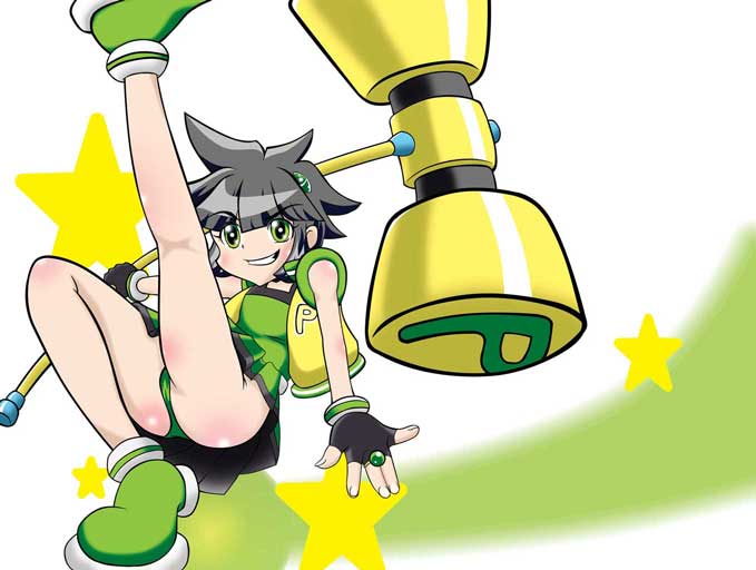 matsubara kaoru, powered buttercup, powerpuff girls, powerpuff girls z, 00s, ass, black hair, gloves, green eyes, hammer, panties, pantyshot, skirt, underwear