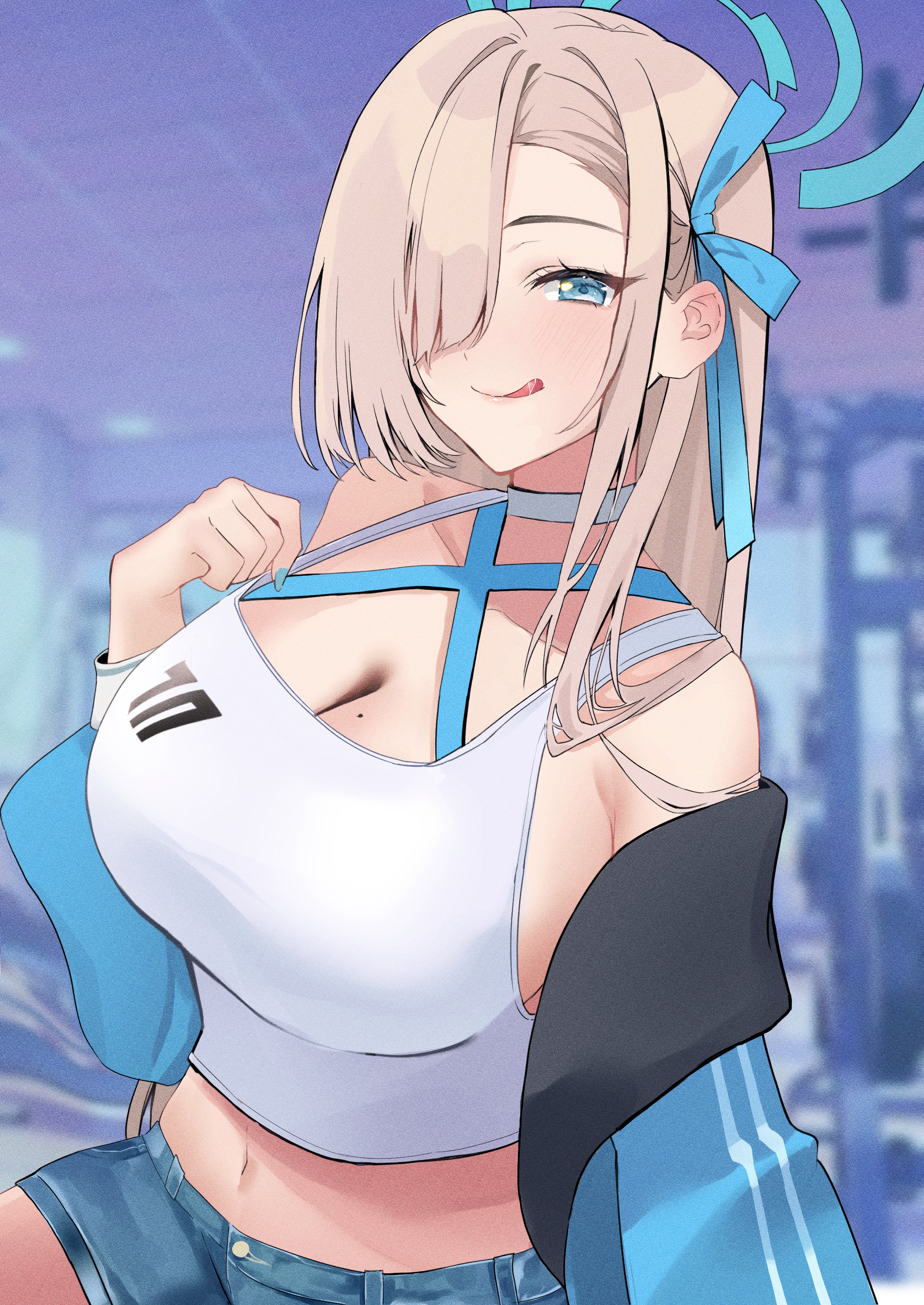 nakano kura, asuna (blue archive), blue archive, absurdres, commentary request, highres, 1girl, :q, alternate costume, blue eyes, blue halo, blue jacket, blue ribbon, blue shorts, blurry, blurry background, breasts, brown hair, cleavage, collarbone, hair over one eye, hair ribbon, halo, jacket, large breasts, long hair, looking at viewer, midriff, mole, mole on breast, navel, ribbon, shorts, tongue, tongue out