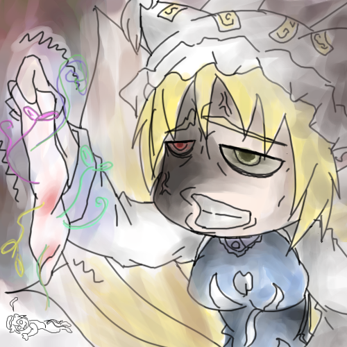 chen, yakumo ran, touhou, lowres, 2girls, angry, animal ears, blonde hair, breasts, female focus, fox ears, fox tail, hat, mob cap, multiple girls, partially colored, short hair, socks, tail, upper body
