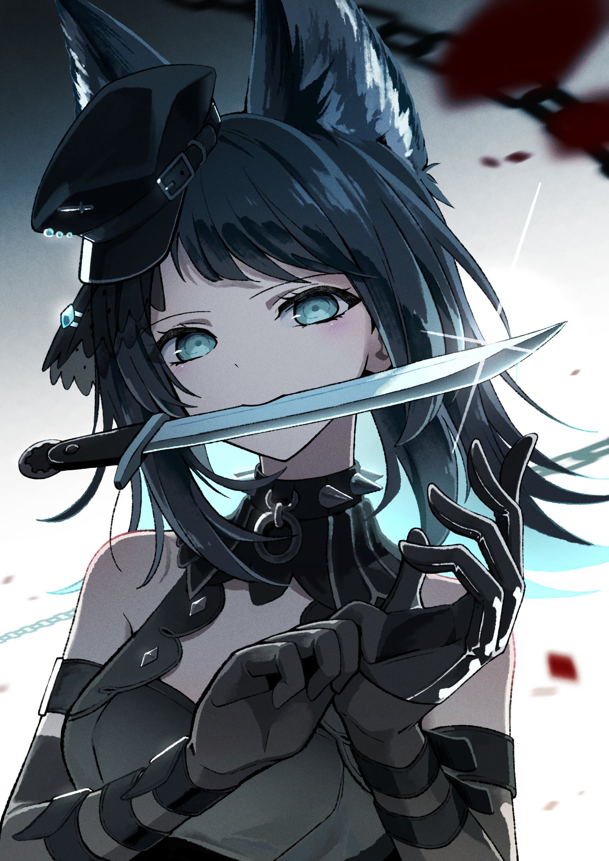 yahata umiri, arknights, bang dream!, bang dream! it's mygo!!!!!, character request, highres, 1girl, animal ears, bare shoulders, breasts, elbow gloves, gloves, green eyes, green hair, grey gloves, knife in mouth, large breasts, looking at viewer, medium hair, ninoyama, solo, weapon, yahata umiri (moonlight executioner)