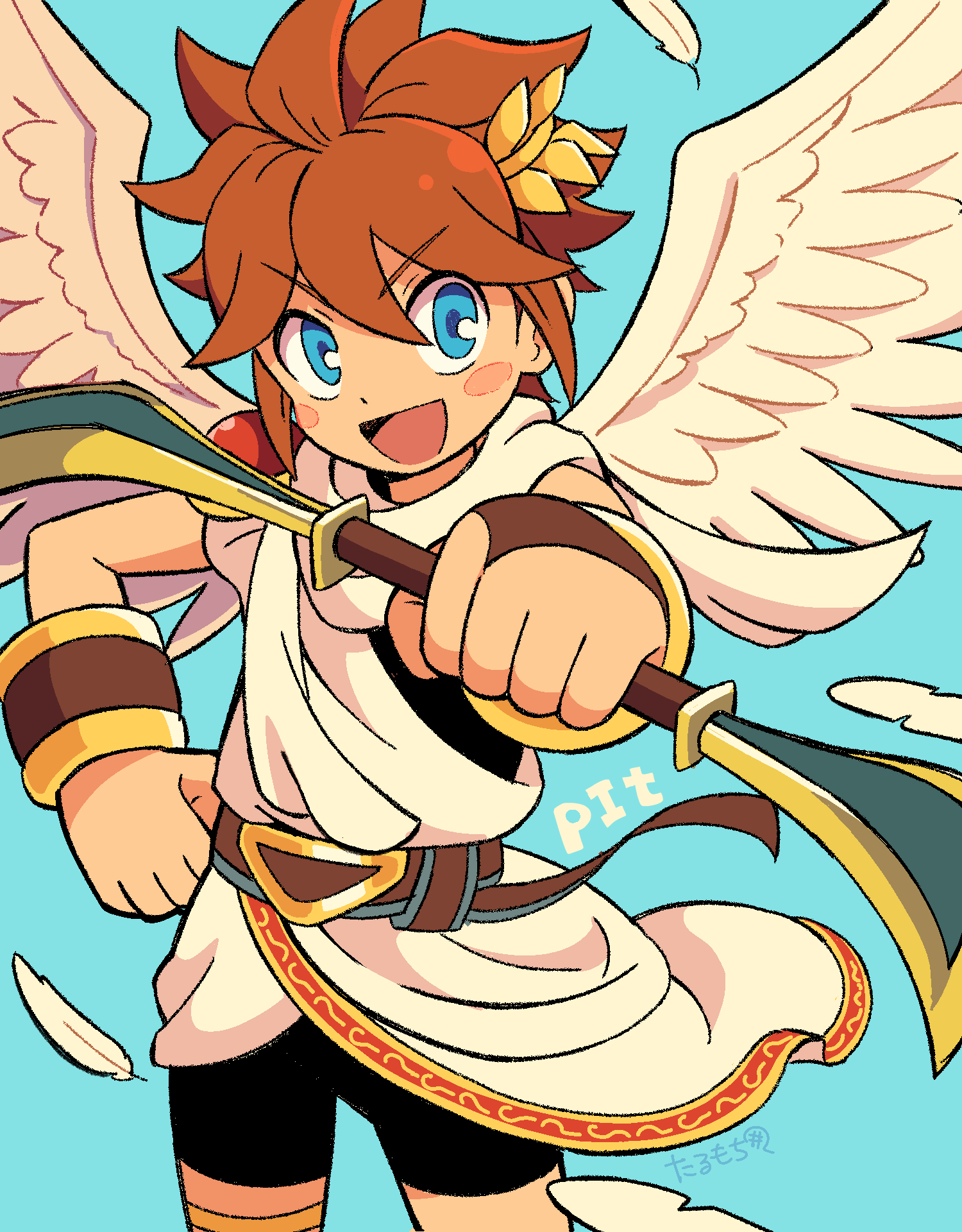 pit (kid icarus), kid icarus, nintendo, highres, 1boy, angel, angel wings, bike shorts, blue background, blue eyes, blush stickers, bow (weapon), brown hair, character name, cowboy shot, feathers, holding, holding bow (weapon), holding weapon, laurel crown, male focus, palutena bow (kid icarus), petittlt, solo, v-shaped eyebrows, weapon, wings
