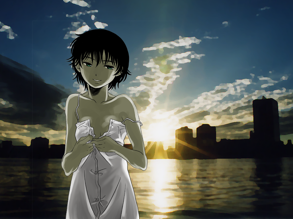 gusu, original, 1girl, backlighting, black hair, chemise, female focus, flat chest, green eyes, ocean, outdoors, short hair, sky, skyline, smile, solo, strap slip, sun, sunset, unbuttoned, undressing, water