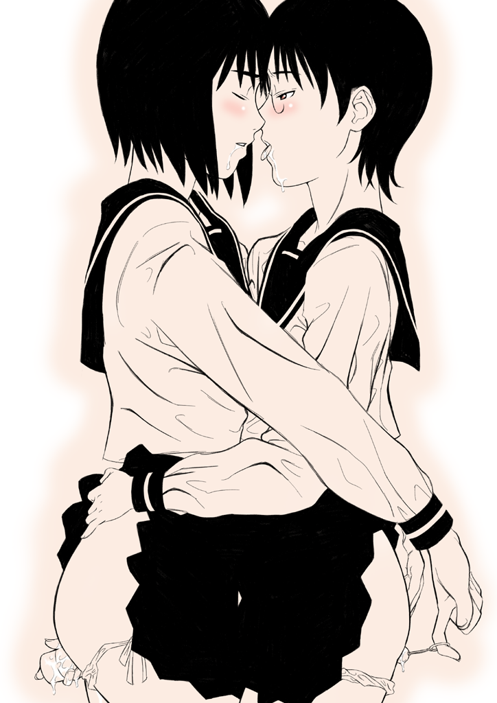gusu, original, 2girls, anal, anal beads, blush, closed eyes, dildo, glasses, monochrome, multiple girls, panties, panty pull, pink theme, saliva, school uniform, sepia, serafuku, sex toy, side-tie panties, tongue, underwear, yuri